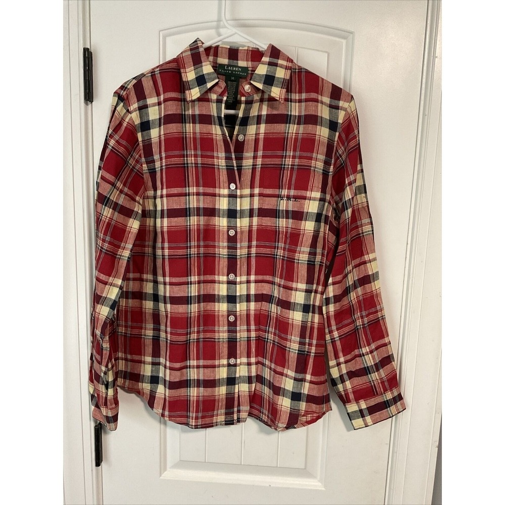Lauren Ralph Lauren Red Plaid 100% Linen Button Up Long Sleeve‎ Tunic Shirt M